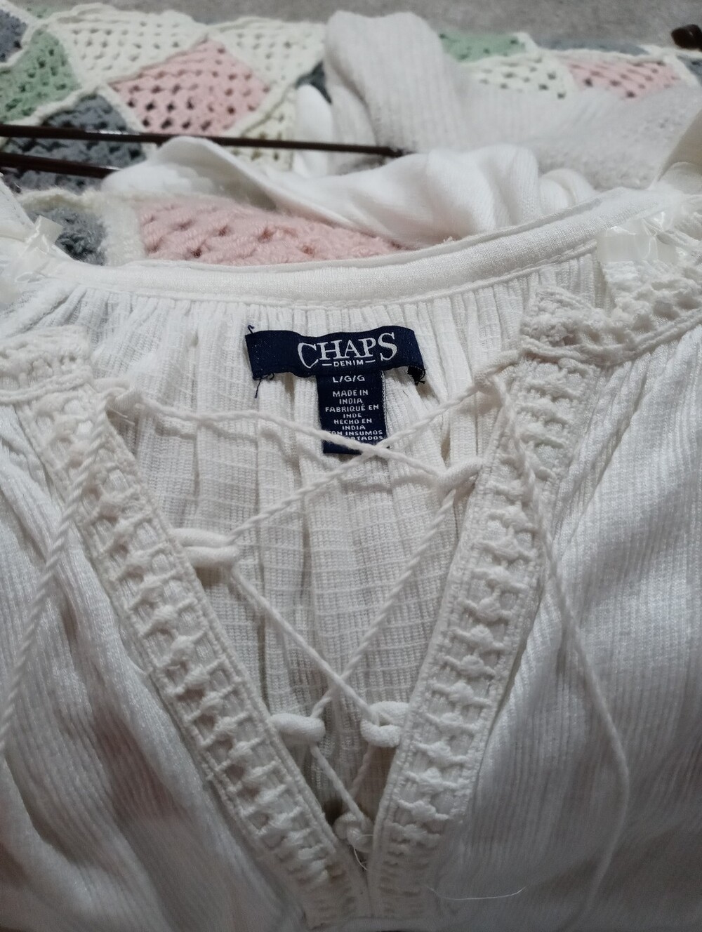 Chaps White Lace-Up Peasant Top with Embroidered Trim